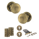Old English Harrogate Door Knob Pack (Lock Set - Horizontal Sashlock, 4" Slim Knuckle Hinges x2) - Matt Antique Brass