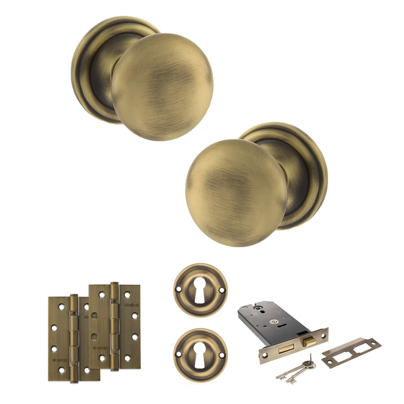 Old English Harrogate Door Knob Pack (Lock Set - Horizontal Sashlock, 4" Slim Knuckle Hinges x2) - Matt Antique Brass