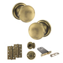 Old English Harrogate Door Knob Pack (Lock Set - Horizontal Bathlock, 4" Slim Knuckle Hinges x2) - Matt Antique Brass