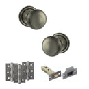 Old English Harrogate Door Knob Pack (Latch Set - 3" HD Latch, 3" Fire Rated Hinges x3) - Matt Gun Metal