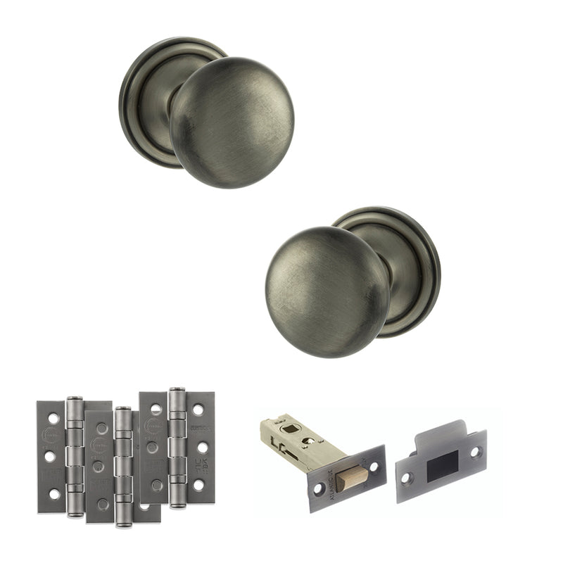 Old English Harrogate Door Knob Pack (Latch Set - 3" HD Latch, 3" Fire Rated Hinges x3) - Matt Gun Metal