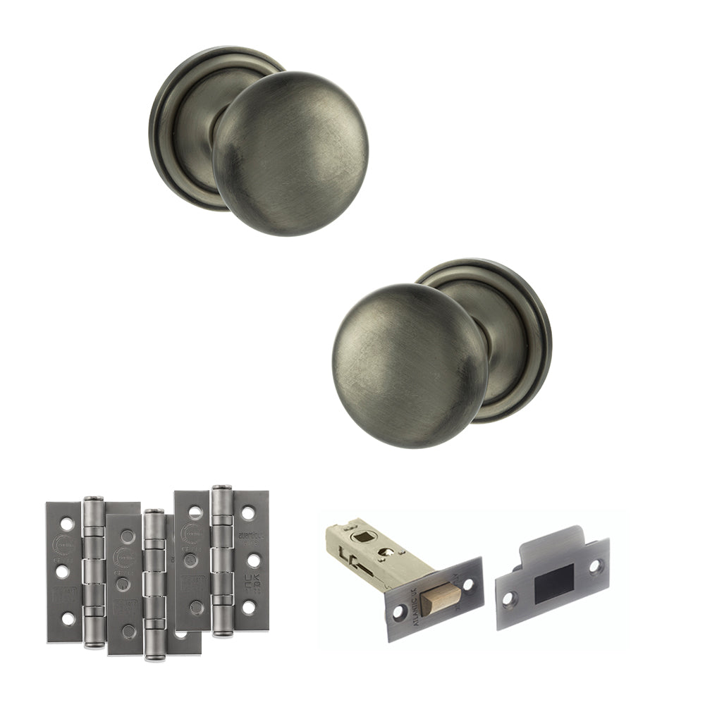 Old English Harrogate Door Knob Pack (Latch Set - 4" HD Latch, 3" Fire Rated Hinges x3) - Matt Gun Metal