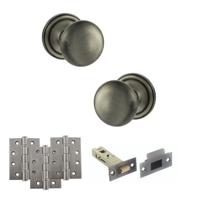 Old English Harrogate Door Knob Pack (Latch Set - 3" HD Latch, 4" Fire Rated Hinges x3) - Matt Gun Metal