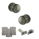 Old English Harrogate Door Knob Pack (Latch Set - 4" HD Latch, 4" Fire Rated Hinges x3) - Matt Gun Metal