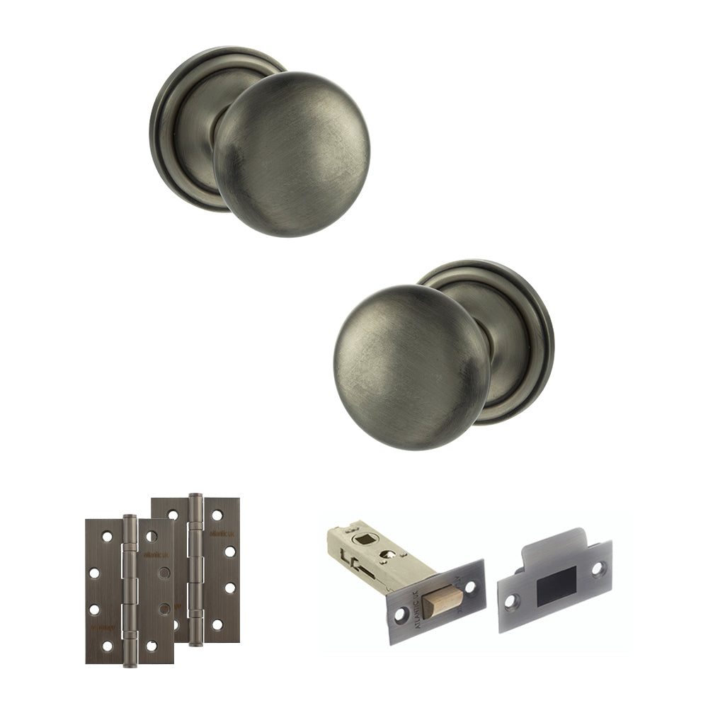 Old English Harrogate Door Knob Pack (Latch Set - 4" HD Latch, 4" Slim Knuckle Hinges x2) - Matt Gun Metal