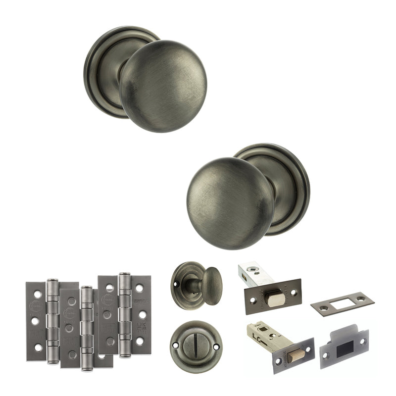 Old English Harrogate Door Knob Pack (Bathroom Set - 4" Deadbolt, 3" Fire Rated Hinges x3) - Matt Gun Metal