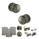 Old English Harrogate Door Knob Pack (Bathroom Set - 3" Deadbolt, 4" Fire Rated Hinges x3) - Matt Gun Metal