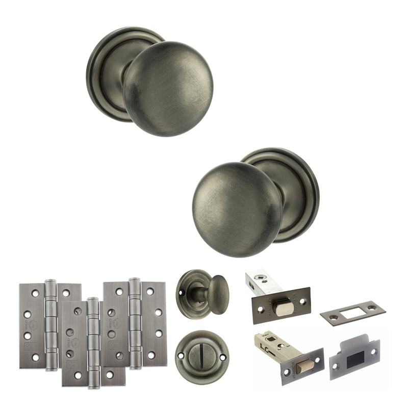 Old English Harrogate Door Knob Pack (Bathroom Set - 4" Deadbolt, 4" Fire Rated Hinges x3) - Matt Gun Metal