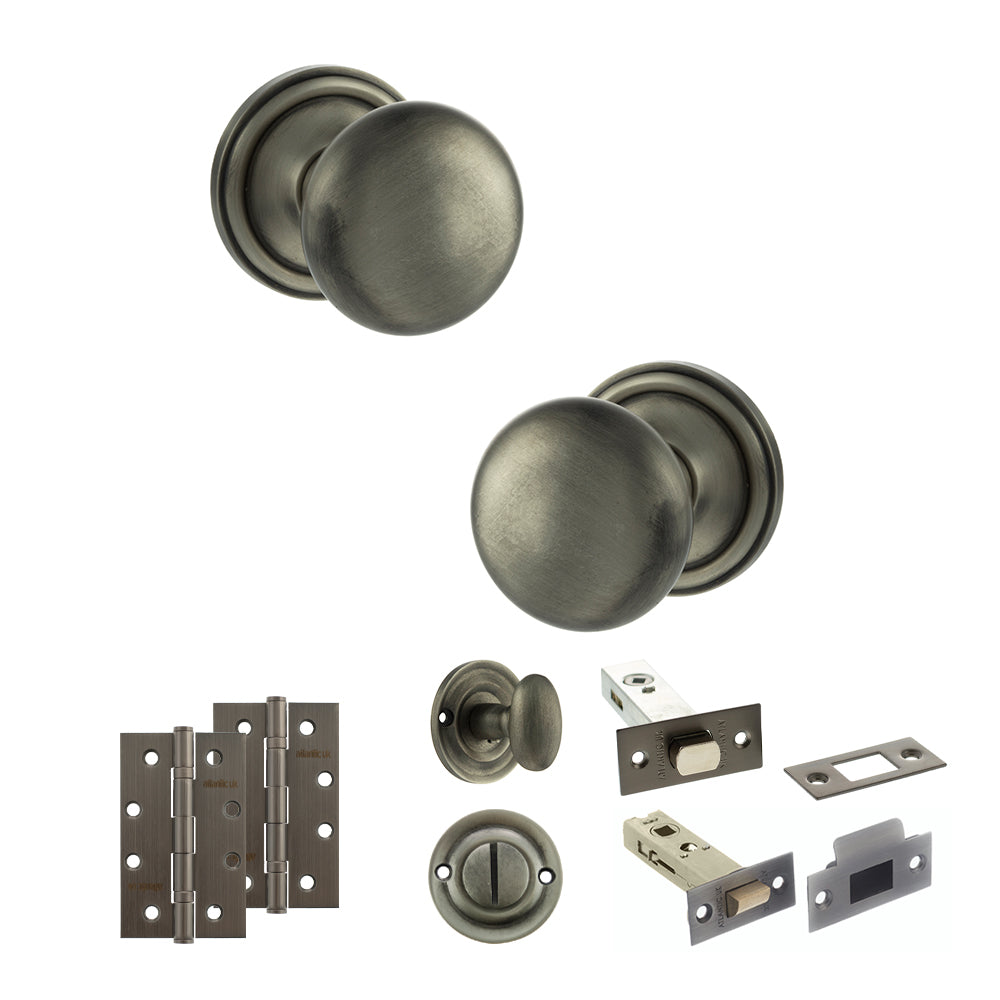Old English Harrogate Door Knob Pack (Bathroom Set - 3" Deadbolt, 4" Slim Knuckle Hinges x2) - Matt Gun Metal