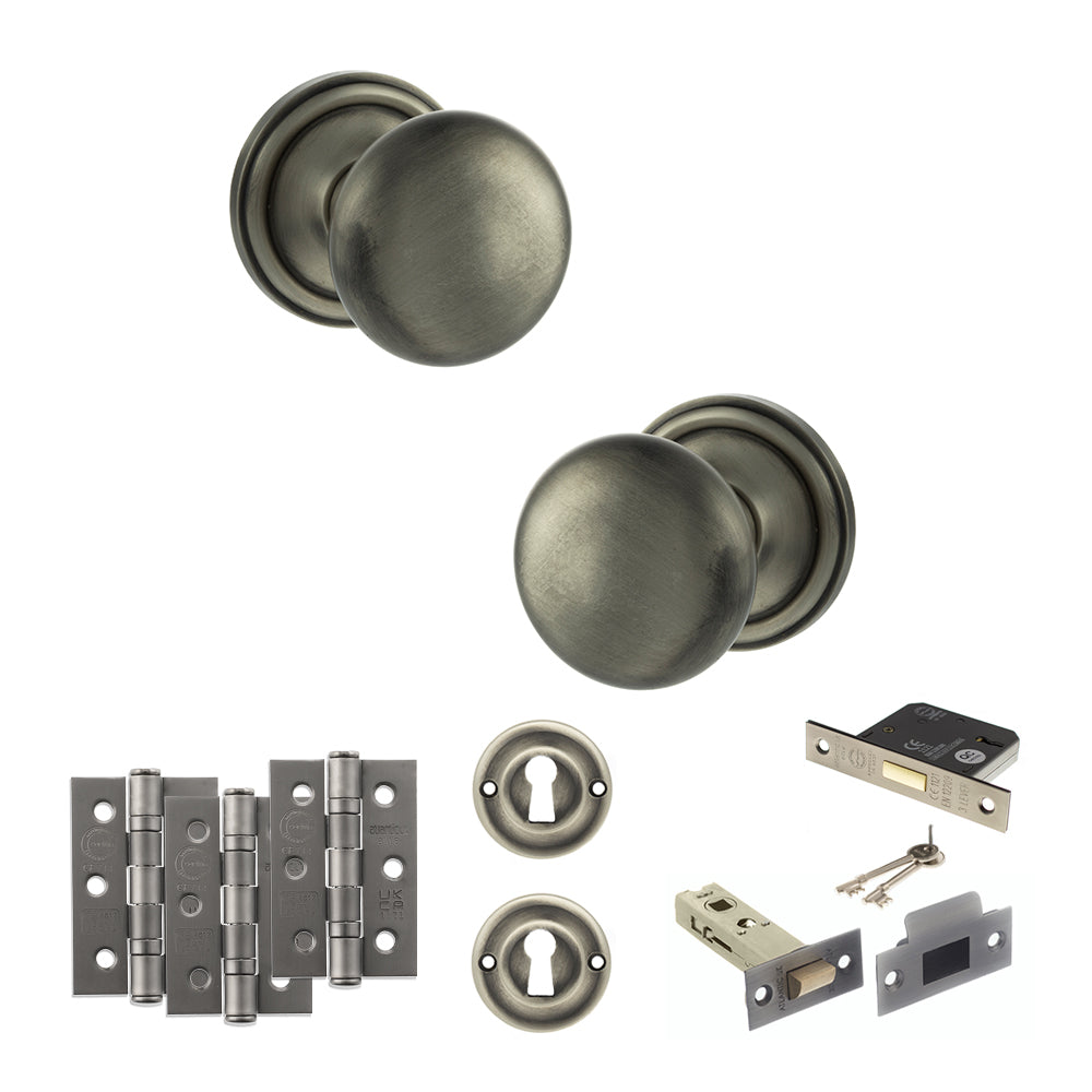 Old English Harrogate Door Knob Pack (Lock Set - 3" Latch & Deadlock, 3" Fire Rated Hinges x3) - Matt Gun Metal