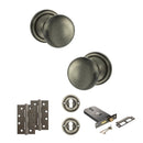 Old English Harrogate Door Knob Pack (Lock Set - Horizontal Sashlock, 4" Slim Knuckle Hinges x2) - Matt Gun Metal