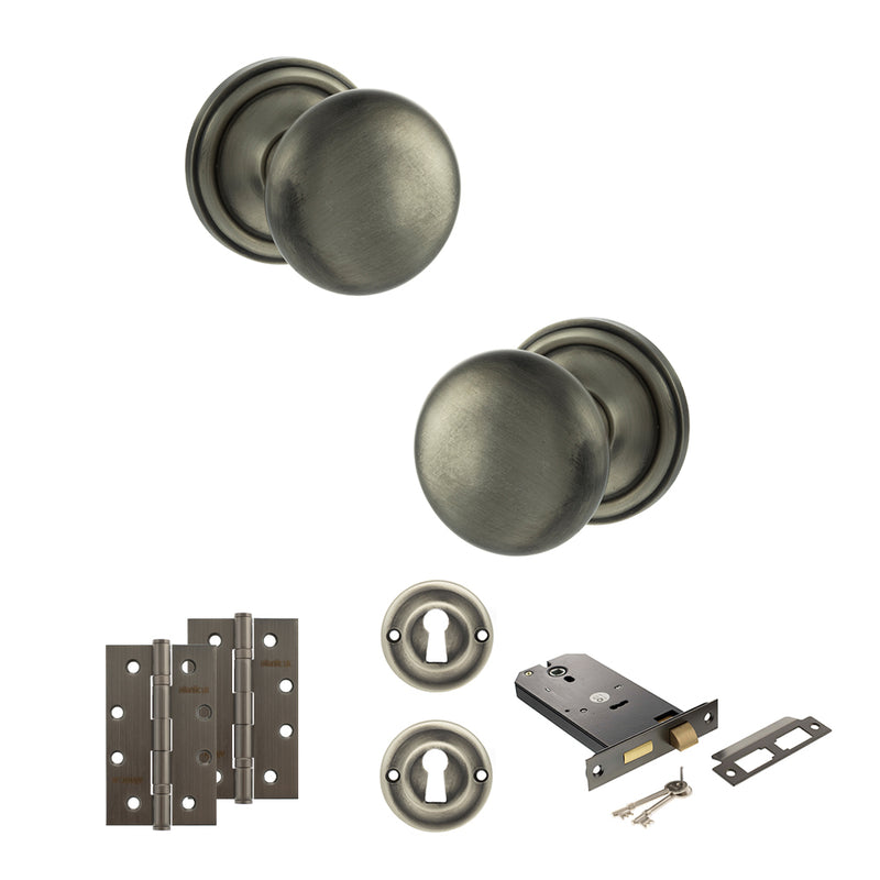 Old English Harrogate Door Knob Pack (Lock Set - Horizontal Sashlock, 4" Slim Knuckle Hinges x2) - Matt Gun Metal
