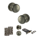 Old English Harrogate Door Knob Pack (Lock Set - Horizontal Bathlock, 4" Slim Knuckle Hinges x2) - Matt Gun Metal