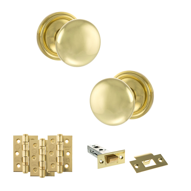 Old English Harrogate Door Knob Pack (Latch Set - 4" HD Latch, 3" Fire Rated Hinges x3) - Polished Brass