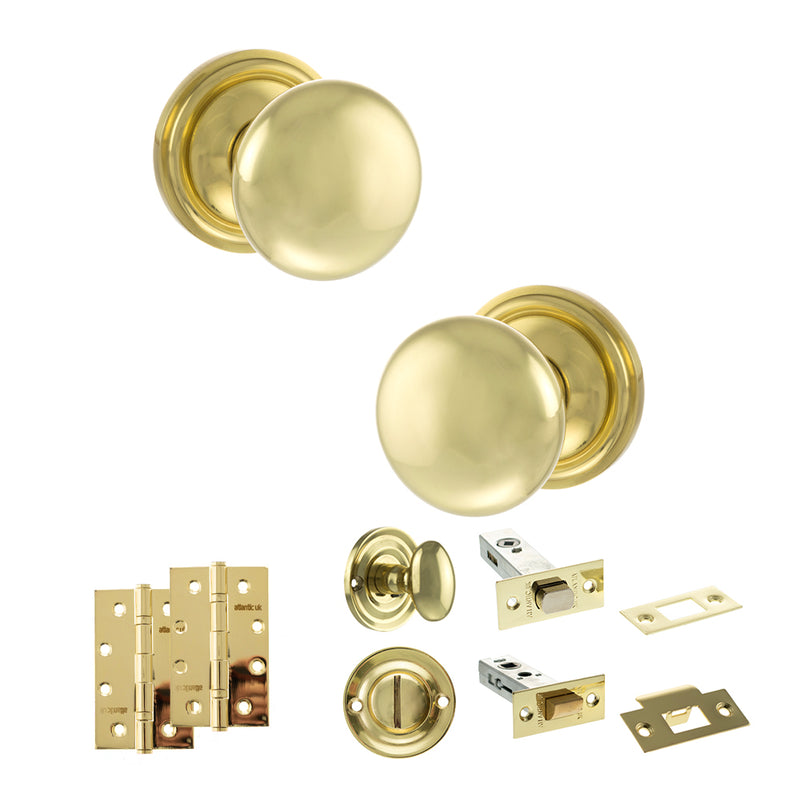 Old English Harrogate Door Knob Pack (Bathroom Set - 3" Deadbolt, 4" Slim Knuckle Hinges x2) - Polished Brass