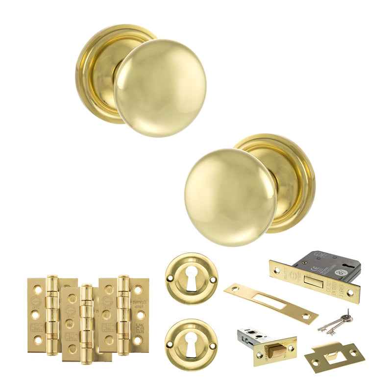 Old English Harrogate Door Knob Pack (Lock Set - 3" Latch & Deadlock, 3" Fire Rated Hinges x3) - Polished Brass