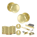 Old English Harrogate Door Knob Pack (Lock Set - 3" Latch & Deadlock, 4" Fire Rated Hinges x3) - Polished Brass