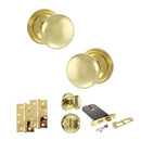 Old English Harrogate Door Knob Pack (Lock Set - Horizontal Bathlock, 4" Slim Knuckle Hinges x2) - Polished Brass