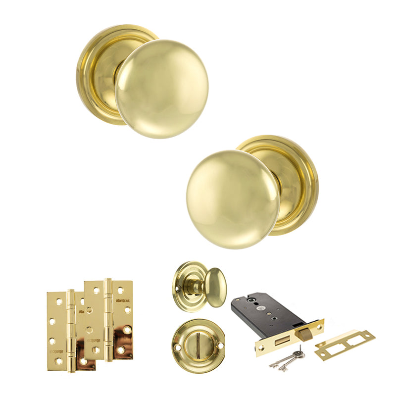 Old English Harrogate Door Knob Pack (Lock Set - Horizontal Bathlock, 4" Slim Knuckle Hinges x2) - Polished Brass