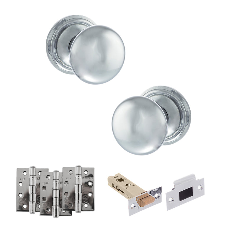 Old English Harrogate Door Knob Pack (Latch Set - 4" HD Latch, 4" Fire Rated Hinges x3) - Polished Chrome