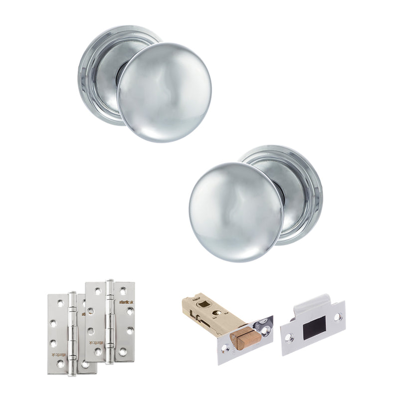 Old English Harrogate Door Knob Pack (Latch Set - 4" HD Latch, 4" Slim Knuckle Hinges x2) - Polished Chrome