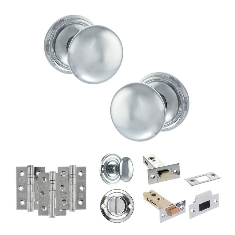 Old English Harrogate Door Knob Pack (Bathroom Set - 3" Deadbolt, 3" Fire Rated Hinges x3) - Polished Chrome