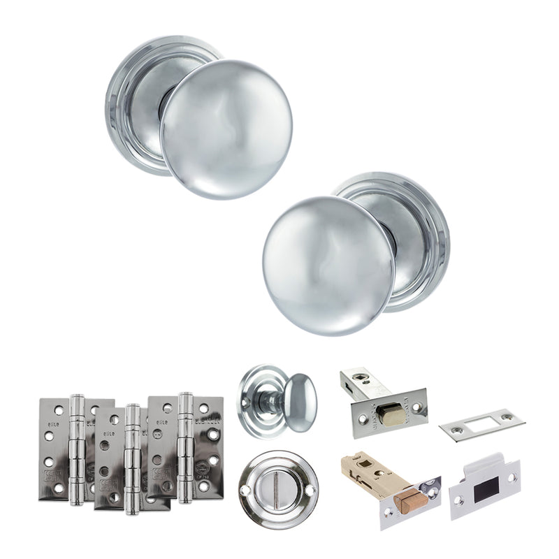 Old English Harrogate Door Knob Pack (Bathroom Set - 4" Deadbolt, 4" Fire Rated Hinges x3) - Polished Chrome