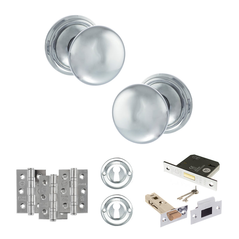 Old English Harrogate Door Knob Pack (Lock Set - 3" Latch & Deadlock, 3" Fire Rated Hinges x3) - Polished Chrome