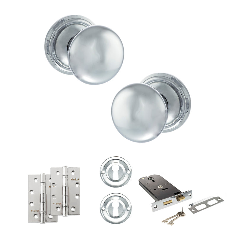 Old English Harrogate Door Knob Pack (Lock Set - Horizontal Sashlock, 4" Slim Knuckle Hinges x2) - Polished Chrome