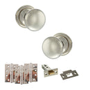 Old English Harrogate Door Knob Pack (Latch Set - 3" HD Latch, 4" Fire Rated Hinges x3) - Polished Nickel