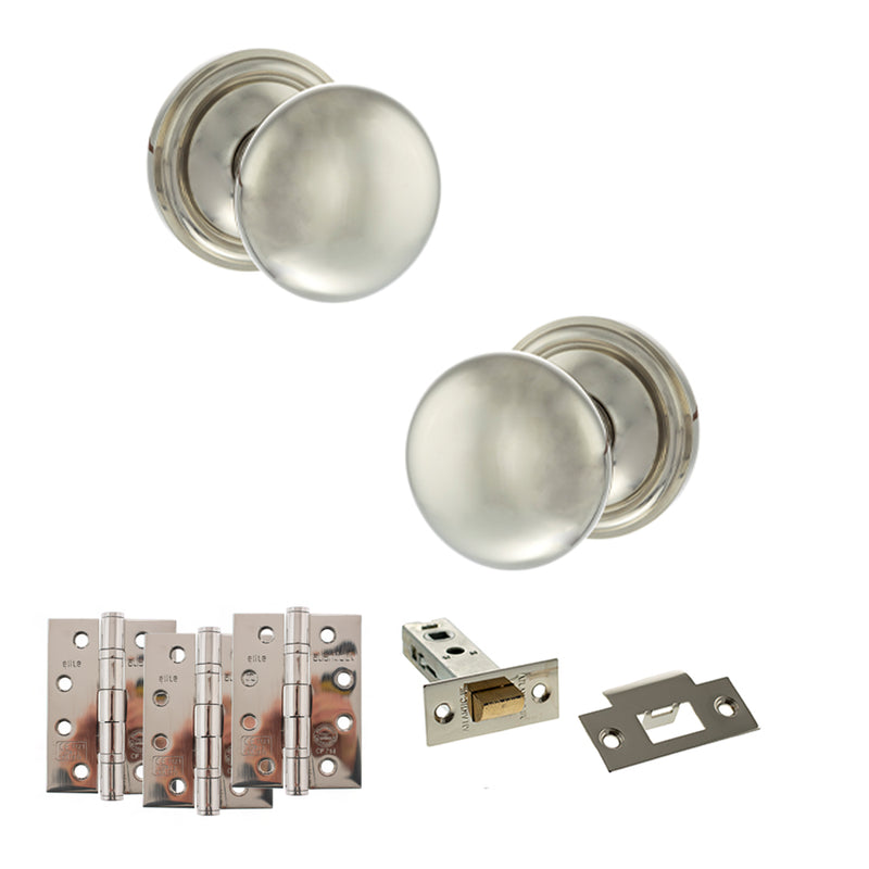 Old English Harrogate Door Knob Pack (Latch Set - 4" HD Latch, 4" Fire Rated Hinges x3) - Polished Nickel