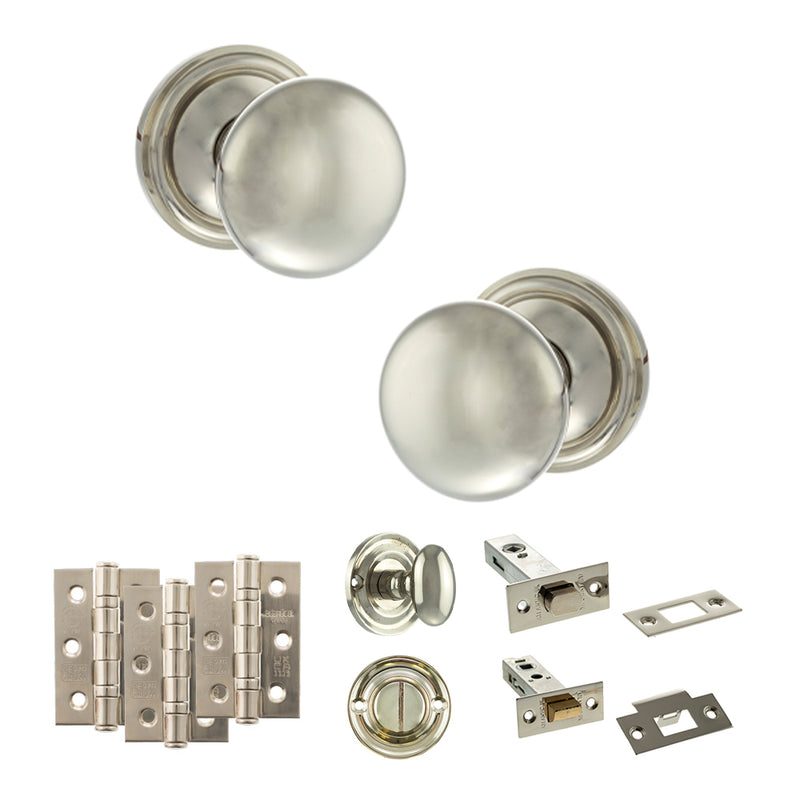 Old English Harrogate Door Knob Pack (Bathroom Set - 4" Deadbolt, 3" Fire Rated Hinges x3) - Polished Nickel