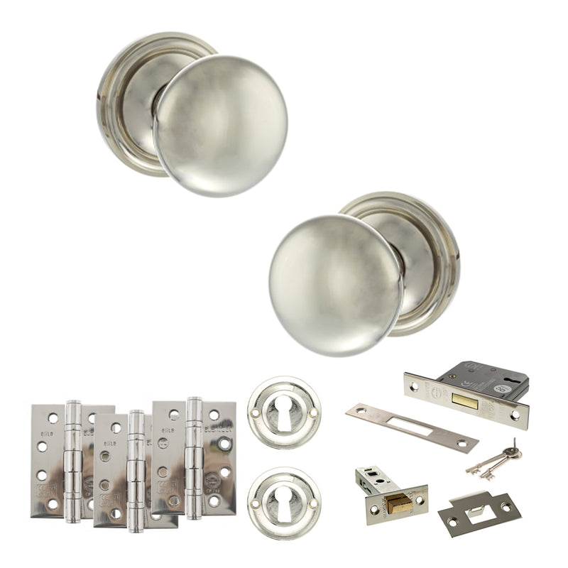 Old English Harrogate Door Knob Pack (Lock Set - 3" Latch & Deadlock, 4" Fire Rated Hinges x3) - Polished Nickel