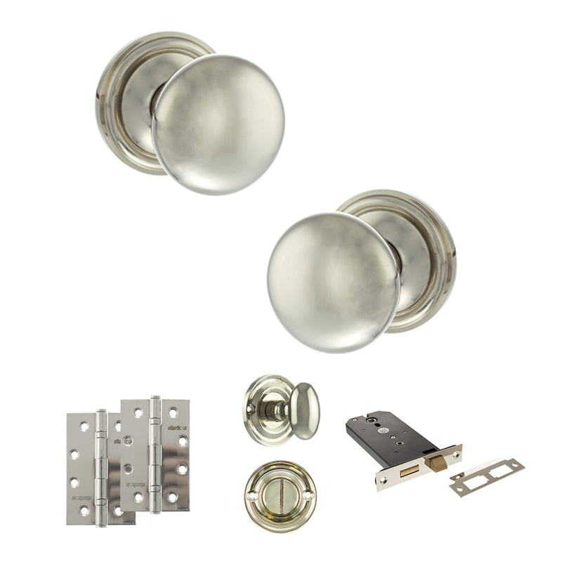 Old English Harrogate Door Knob Pack (Lock Set - Horizontal Bathlock, 4" Slim Knuckle Hinges x2) - Polished Nickel