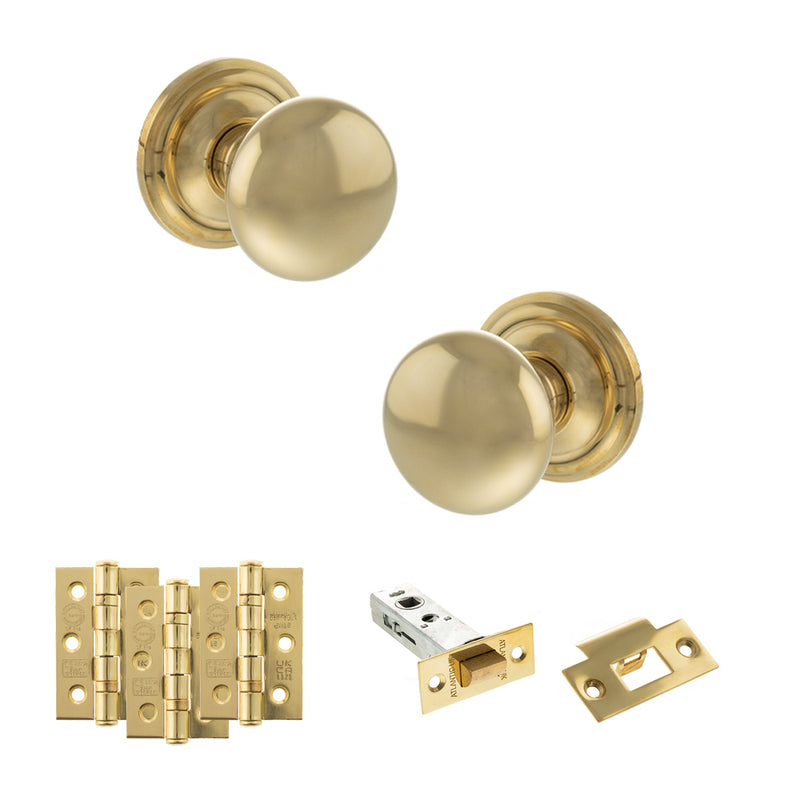 Old English Harrogate Door Knob Pack (Latch Set - 3" HD Latch, 3" Fire Rated Hinges x3) - Raw Brass
