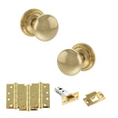 Old English Harrogate Door Knob Pack (Latch Set - 4" HD Latch, 4" Fire Rated Hinges x3) - Raw Brass