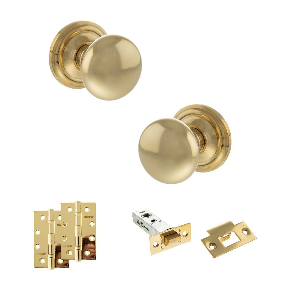 Old English Harrogate Door Knob Pack (Latch Set - 3" HD Latch, 4" Slim Knuckle Hinges x2) - Raw Brass