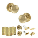 Old English Harrogate Door Knob Pack (Bathroom Set - 3" Deadbolt, 4" Fire Rated Hinges x3) - Raw Brass