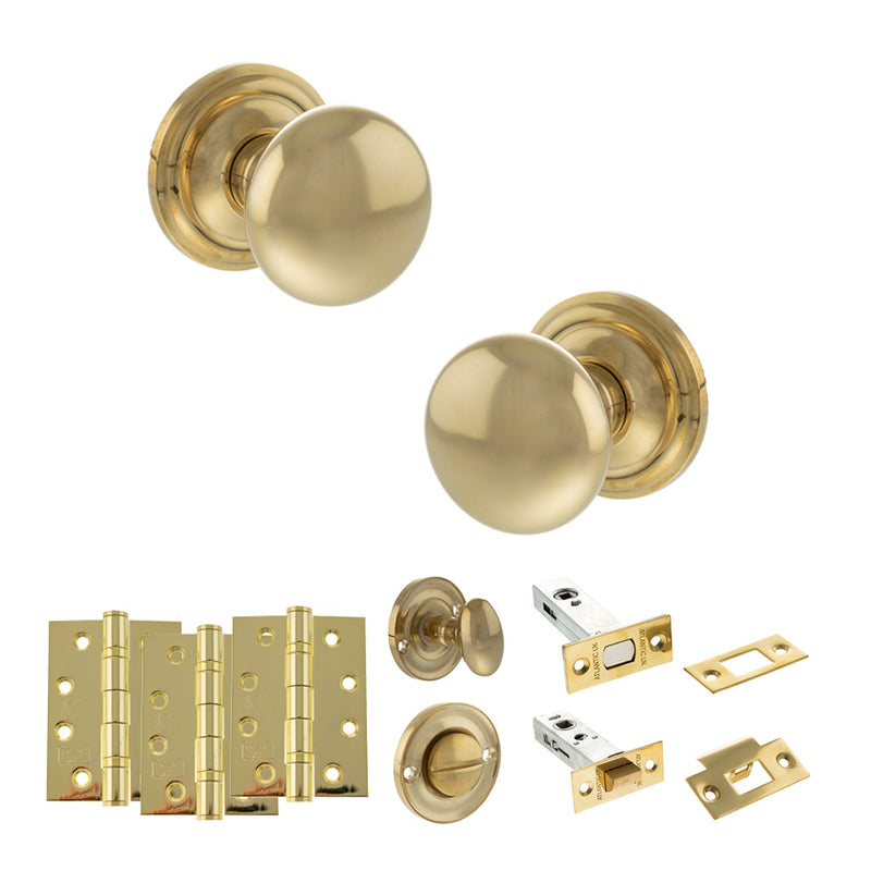 Old English Harrogate Door Knob Pack (Bathroom Set - 4" Deadbolt, 4" Fire Rated Hinges x3) - Raw Brass