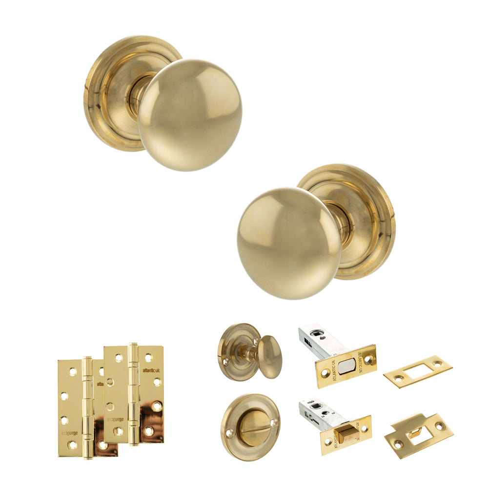 Old English Harrogate Door Knob Pack (Bathroom Set - 3" Deadbolt, 4" Slim Knuckle Hinges x2) - Raw Brass