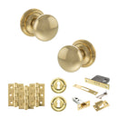 Old English Harrogate Door Knob Pack (Lock Set - 3" Latch & Deadlock, 3" Fire Rated Hinges x3) - Raw Brass