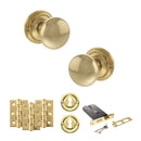 Old English Harrogate Door Knob Pack (Lock Set - Horizontal Sashlock, 3" Fire Rated Hinges x3) - Raw Brass