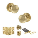 Old English Harrogate Door Knob Pack (Lock Set - Horizontal Bathlock, 3" Fire Rated Hinges x3) - Raw Brass