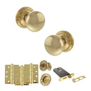 Old English Harrogate Door Knob Pack (Lock Set - Horizontal Bathlock, 4" Fire Rated Hinges x3) - Raw Brass