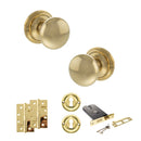 Old English Harrogate Door Knob Pack (Lock Set - Horizontal Sashlock, 4" Slim Knuckle Hinges x2) - Raw Brass