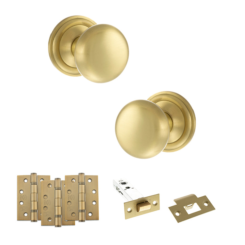 Old English Harrogate Door Knob Pack (Latch Set - 3" HD Latch, 4" Fire Rated Hinges x3) - Satin Brass