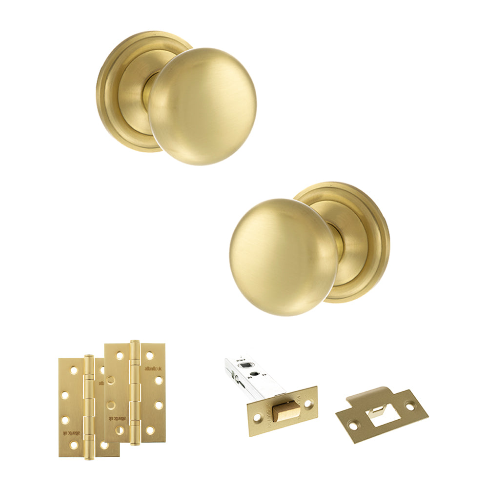 Old English Harrogate Door Knob Pack (Latch Set - 3" HD Latch, 4" Slim Knuckle Hinges x2) - Satin Brass