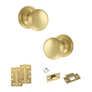 Old English Harrogate Door Knob Pack (Latch Set - 4" HD Latch, 4" Slim Knuckle Hinges x2) - Satin Brass