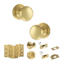 Old English Harrogate Door Knob Pack (Bathroom Set - 3" Deadbolt, 3" Fire Rated Hinges x3) - Satin Brass