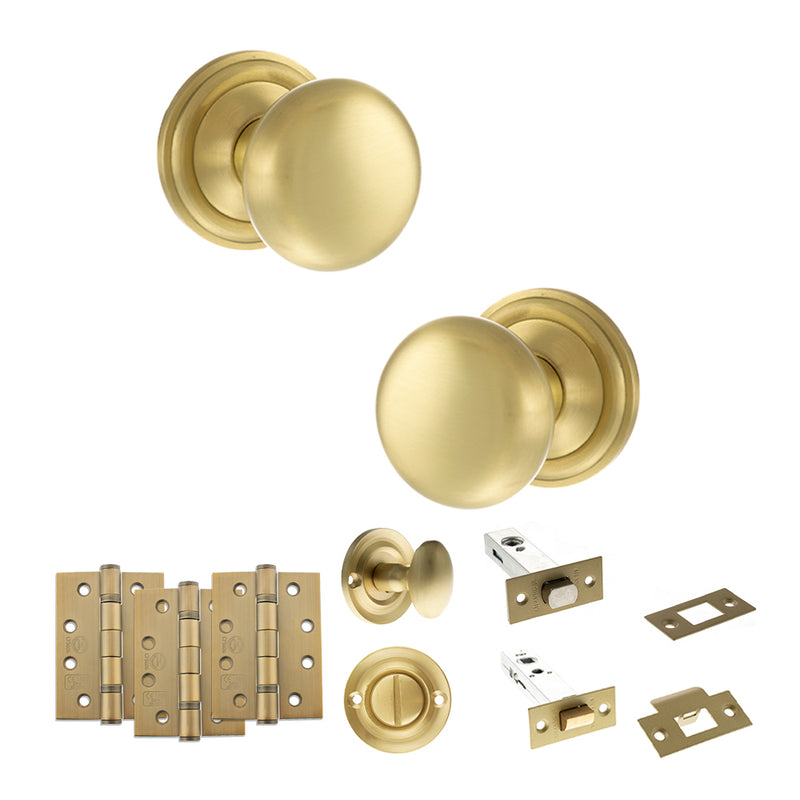 Old English Harrogate Door Knob Pack (Bathroom Set - 3" Deadbolt, 4" Fire Rated Hinges x3) - Satin Brass